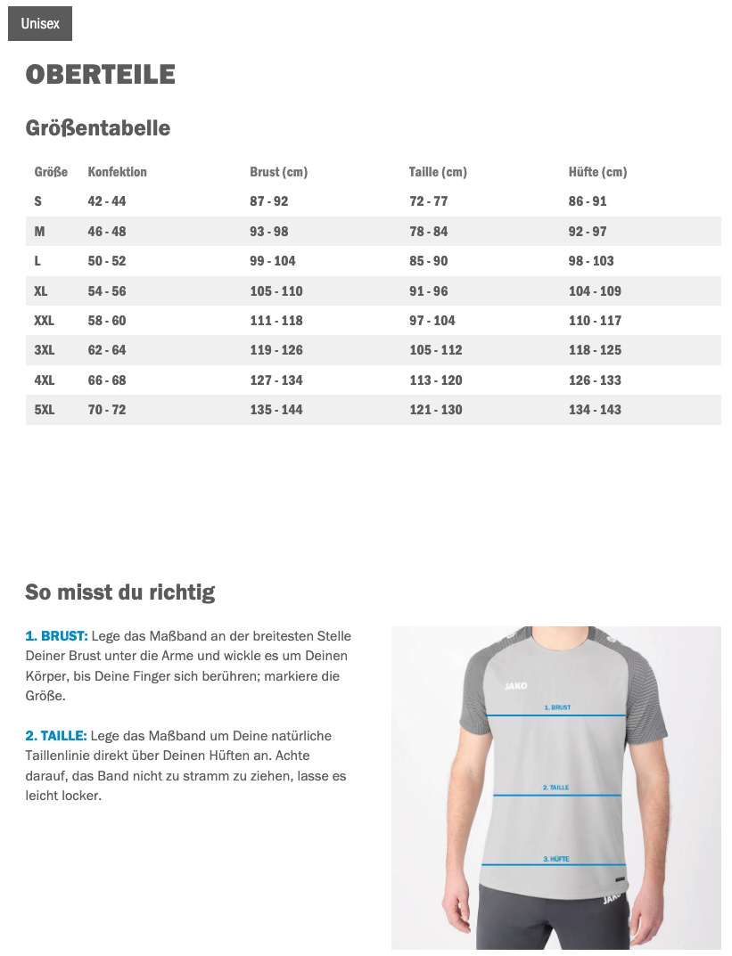 Größentabelle Unisex